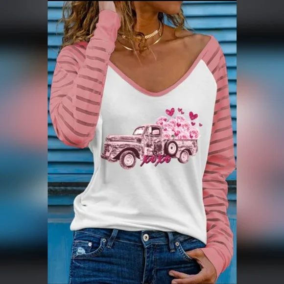 LAST THREE ❤️ Pink Valentines Flower Car Graphic Striped Long Sleeve Top - Picture 3 of 5